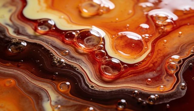 Abstract amber liquid layers forming glossy droplets and marbled oil film macro close-up