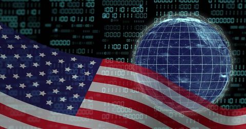 American flag waving over wireframe globe with binary code representing cyber sovereignty