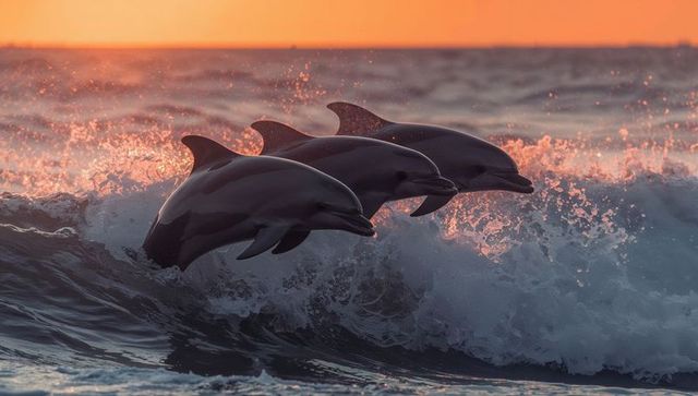 Sunset dolphins leaping through breaking surf with vibrant sea spray, silhouetted horizon