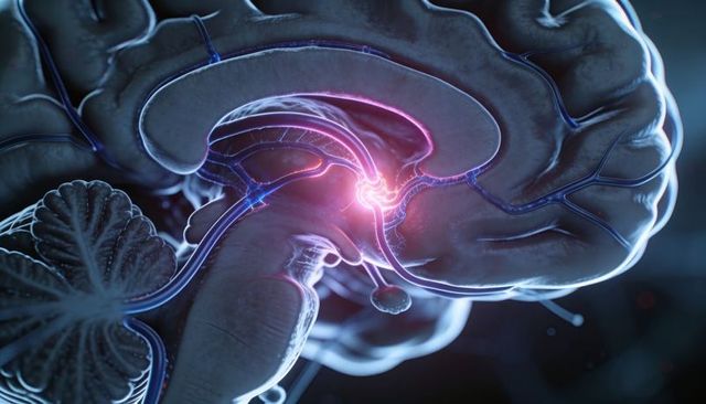 Sagittal brain render highlighting glowing synapse and neural pathways in medical 3D view