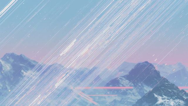 Pastel alpine panorama with snowcapped summit, diagonal light streaks and neon pink bars