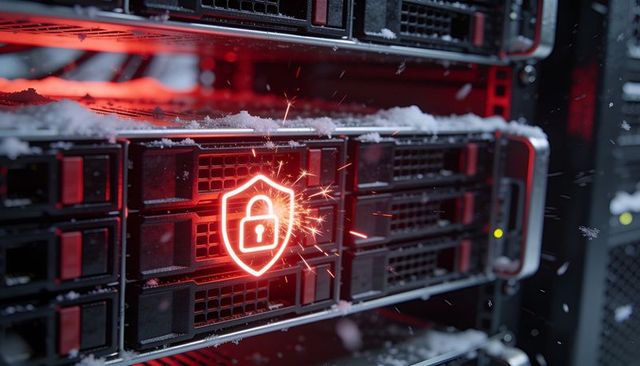 Frost-covered server rack with holographic shield lock sparking cybersecurity alert