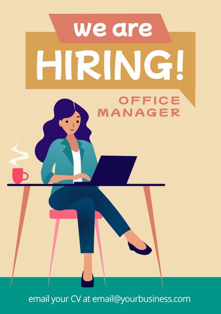 Office Manager Hiring Poster with Professional Woman Using Laptop - Download Free Stock Templates Pikwizard.com