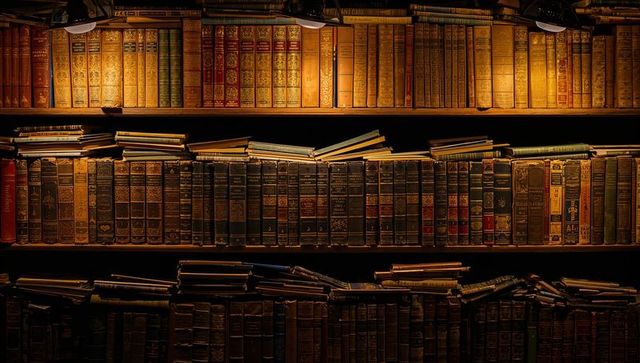 Antique leather book spines glowing under lamps on vintage shelves, moody library vignette