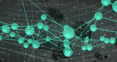 Floating digital network with teal spheres and code