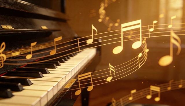 Golden music notes floating over vintage piano keyboard under warm ambient light