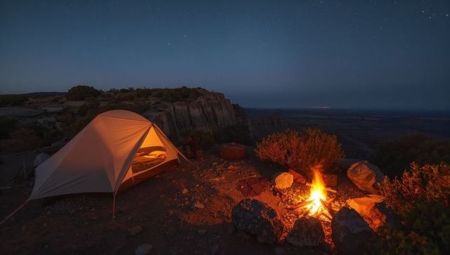 Cliffside night camping with glowing tent and campfire over desert canyon starscape