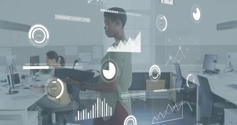 Woman Reviewing Data Folder in Open-Plan Office with Augmented Reality Analytics Overlay