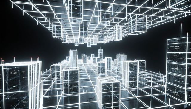 Glowing wireframe futuristic city grid with mirrored ceiling and red beacon accents