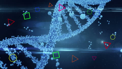 Animated DNA Strand and Falling Geometric Shapes on Dark Background