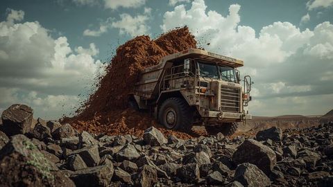 Heavy dumper truck unloading soil at construction site