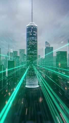 Vertical Cyberpunk Tower Scanning Skyline with Pulsing Neon-Green Beams