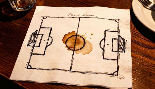 Hand-drawing soccer pitch on napkin with coffee stain on wooden table, casual cafe closeup