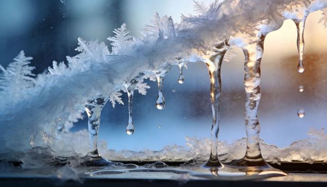Melting frost crystals and icicles dripping on window sill at sunrise with golden backlight