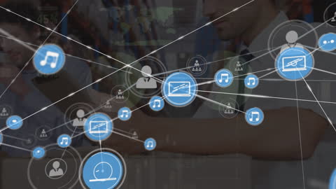 Digital Network Animation Over Businessman in Warehouse