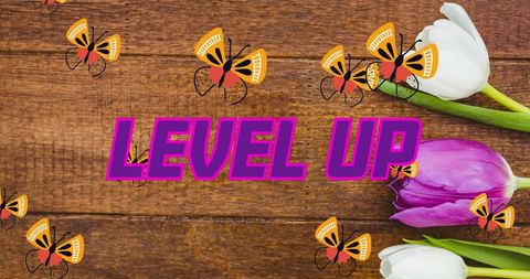 Level Up Tulips and Butterflies on Rustic Wood - Download Free Stock Images Pikwizard.com