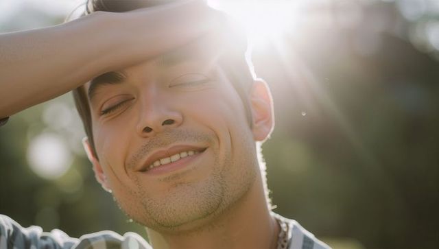 Sunlit young man shielding eyes with arm, smiling, relaxed backlit lifestyle portrait with sunburst