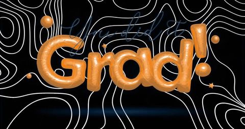 Celebrating grad! orange balloon letters floating over dark abstract contour background