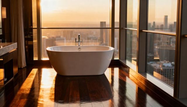 Sunset-lit luxury freestanding bathtub overlooking city skyline in high-rise corner suite