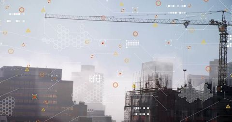 Tower Crane Dominating Misty Downtown Construction Skyline with Augmented Reality Data Overlays