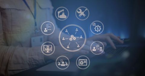 Businesswoman Utilizing Laptop with Strategic Operations Icons - Download Free Stock Images Pikwizard.com