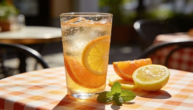 Sparkling citrus cooler with orange and lemon slices on sunlit cafe table