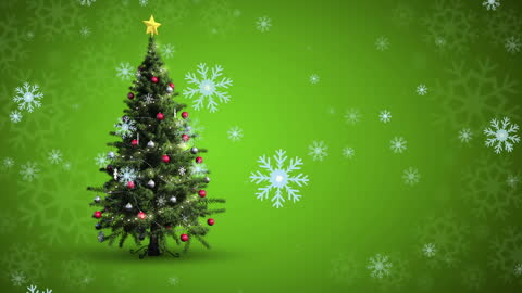 Festive Christmas Tree with Falling Snow and Green Background