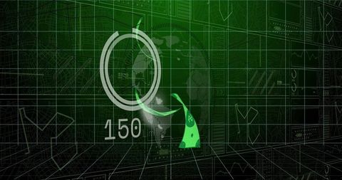 Displaying circular hud gauge with 150 readout and green triangular marker on digital grid