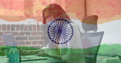 Woman Working in Office Amid Indian Flag Overlay, Pandemic Safety Concept