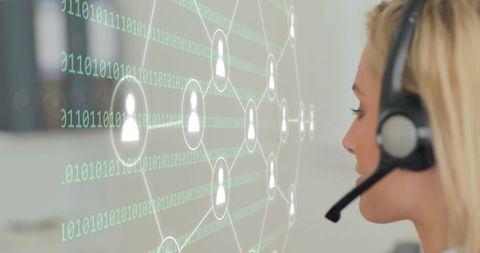 Businesswoman with Headset and Holographic Network Display