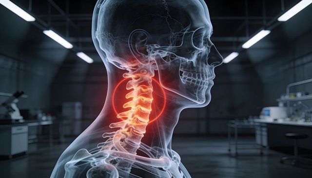 Transparent cervical spine model highlighting inflamed neck vertebrae with pulsing halo