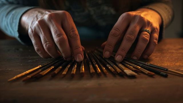 Artist arranging vintage paintbrushes on worn wooden table in warm moody studio light