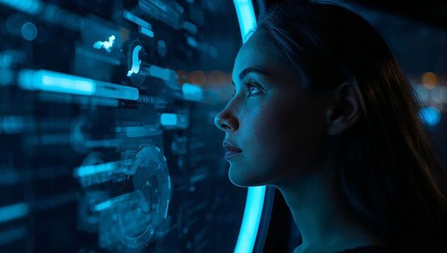 Young woman exploring holographic hud with neon cyan light, futuristic technology portrait