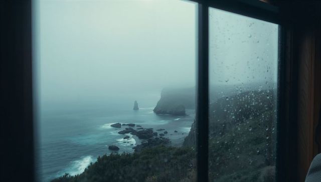 Moody cabin view through rain-kissed window overlooking foggy coastline