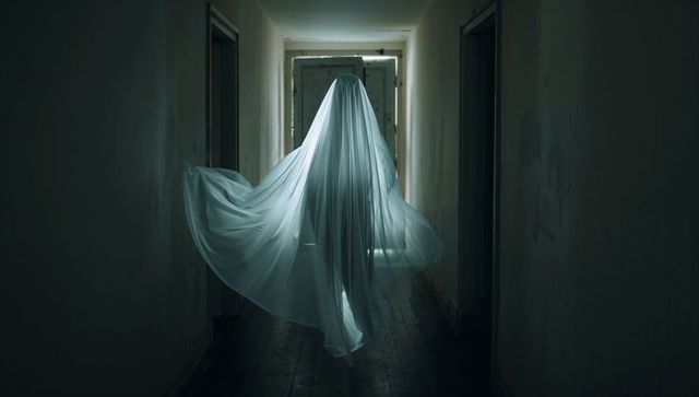 Mystical phantom floating down dimly lit hallway