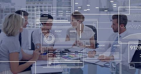 Discussing Data-Driven Strategy with Digital HUD Overlay in Modern Corporate Meeting