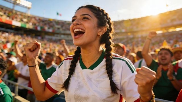 Passionate hispanic female fan cheering at soccer stadium wearing white jersey and braids