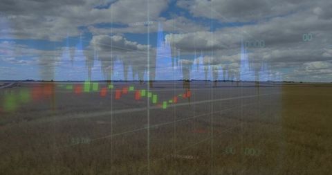 Prairie Farmland with Translucent Candlestick Chart Visualizing Crop Market Trends