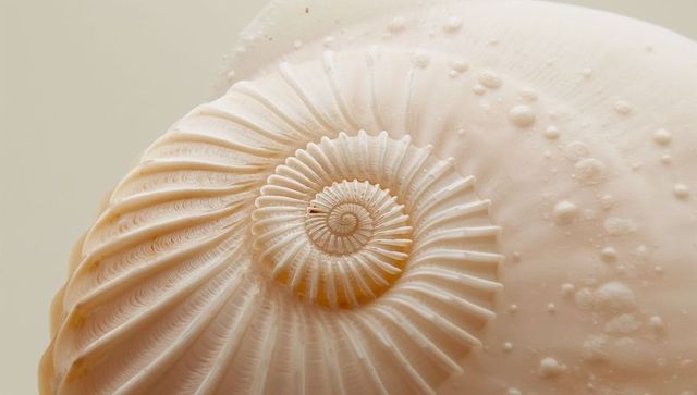 Revealing pale spiral seashell macro showing concentric ridges and bubble-like nodules