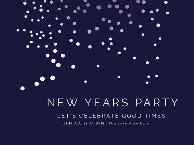 Perfect invitation template for New Year celebrations at hotels or venues. Design features a starry theme on a dark background with modern text detailing date, time, and location. Ideal for creating eye-catching invites for upscale events or social media shares.