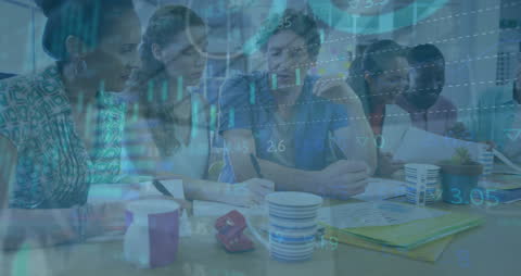 Diverse Team Collaborating over Financial Data and Computations