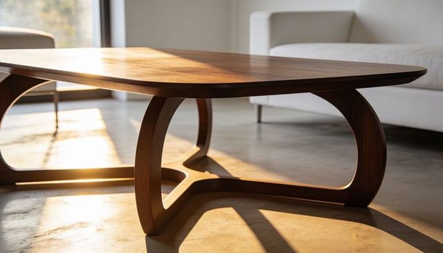 Sunlit walnut coffee table with elliptical top and sculptural curved legs basking in light