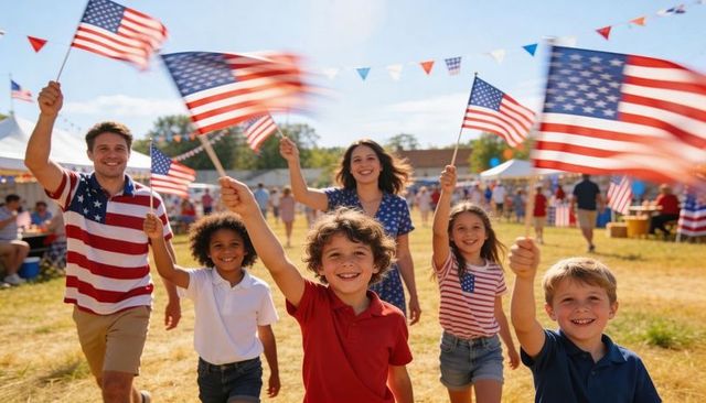 Family waving american flags at summer parade, patriotic outdoor festival celebration