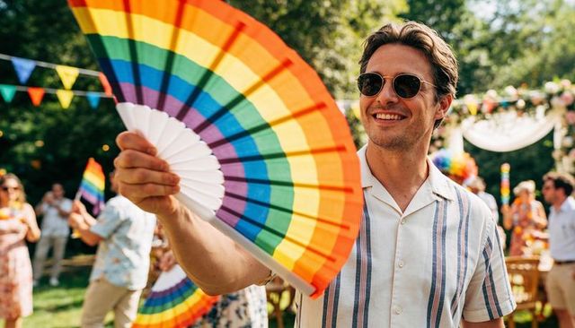 Smiling man waving rainbow fan at vibrant outdoor pride celebration with bunting