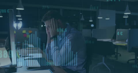 Businessman Analyzing Financial Data Overload at Night