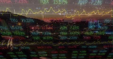 Dynamic Financial Chart Displayed Against Bustling Night Cityscape