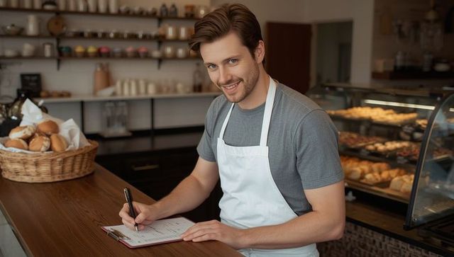 Smiling Artisan Baker Taking Inventory in Cozy Bakery