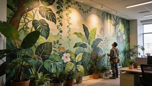 Worker inspecting tropical mural in modern office interior with plants and ladder
