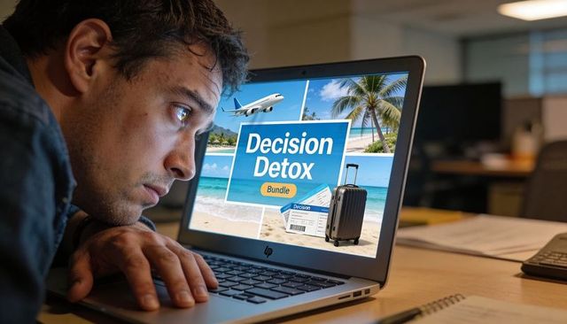 Leaning professional peering at laptop decision detox travel ad, seeking office escape