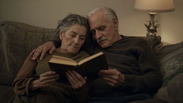Senior couple reading together on sofa sharing cozy evening warmth and gentle companionship